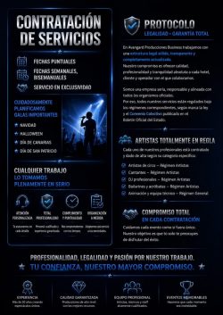 CURRÍCULUM CORPORATIVO – AVANGARD PRODUCCIONES BUSINESS ⭐

Profesionalidad · Transparencia · Organización · Confianza

En Avangard Producciones Business trabajamos bajo un sistema de gestión sólido, estructurado y completamente transparente. Cada servicio que ofrecemos —ya sea puntual, semanal, bisemanal o en formato exclusivo— se planifica, ejecuta y supervisa con el máximo nivel de seriedad.

📌 Transparencia y planificación garantizada

Disponemos de un sistema interno de análisis y puntuación para evaluar cada espectáculo, artista y servicio. Este sistema nos permite mejorar continuamente, corregir detalles y garantizar que cada actuación cumpla con los estándares de calidad que requieren los hoteles y operadores.

Además, entregamos siempre:
✔ Planificación mensual completa
✔ Gastos previstos actualizados
✔ Plantilla ajustada según necesidades del hotel
✔ Control de fechas, cambios, vacaciones y sustituciones

Todo esto forma parte de nuestra política de transparencia total.

📌 Gestión perfecta de calendarios y transferencias

En TLAIDAY y en nuestras colaboraciones habituales, tenemos un historial impecable:
	•	Sin fallos en planificación
	•	Sin retrasos en envíos
	•	Sin errores en transferencias
	•	Sin cancelaciones inesperadas

Cumplimos los plazos, informamos con antelación y solucionamos cualquier detalle antes de que el cliente lo note.

📌 Compromiso con la seriedad profesional

Cada servicio lo tomamos plenamente en serio, sea grande o pequeño.
Desde una fecha aislada hasta un contrato anual, nos comprometemos a:
	•	Mantener comunicación constante
	•	Respetar cada horario
	•	Enviar artistas preparados, puntuales y documentados
	•	Ofrecer siempre soluciones, nunca problemas

📌 Cobertura de Galas y Fechas Especiales

Estamos altamente especializados en la organización profesional de galas destacadas:
	•	Navidad
	•	Halloween
	•	Día de Canarias
	•	Día de San Patricio
	•	Nochevieja
	•	Eventos temáticos corporativos

Cada celebración se prepara con tiempo, con ensayos, logística clara y atención personalizada.

📌 Una empresa seria para clientes que buscan calidad

Somos conscientes de que los hoteles necesitan seguridad, constancia y profesionalidad. Por eso, Avangard Producciones Business pone a disposición un equipo formado, legalizado, coordinado y con experiencia en el sector turístico.

Nuestra misión es simple:
Hacer que el cliente lo tenga fácil, seguro y bonito.
Nosotros nos ocupamos del resto.

⸻

Si quieres, cariño, te preparo también:
✔ una versión más corta para WhatsApp,
✔ una versión más corporativa para PDF,
✔ o una versión para mandar directamente a un director de hotel.