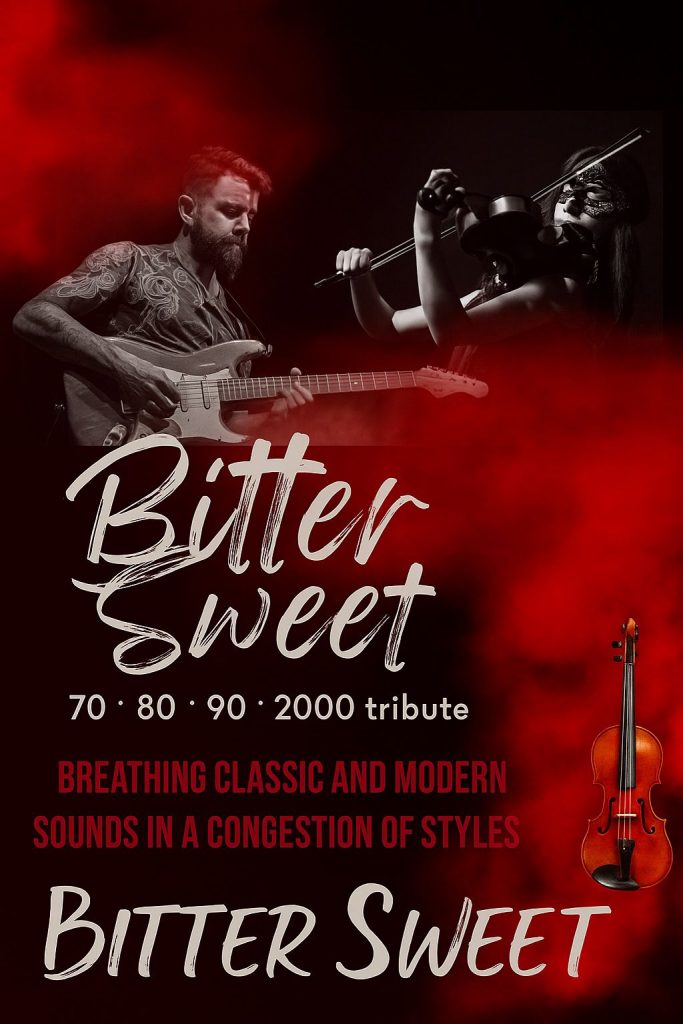 BITTER SWEET – CURRÍCULUM DEL SHOW

Bitter Sweet es un espectáculo musical excepcional que combina la fuerza de la guitarra y la elegancia del violín en un tributo especial a las grandes décadas de la música: 70, 80, 90 y 2000.

El show está interpretado por Francesco, un guitarrista impresionante, reconocido por su técnica limpia, rápida y moderna, y por Giovanna, una violinista de enorme sensibilidad artística y presencia escénica. Juntos forman una pareja joven, muy preparada y con una conexión musical única que se nota en cada interpretación.

El proyecto Bitter Sweet destaca por su estilo fresco, dinámico y emocional. Ellos fusionan sonidos clásicos y contemporáneos, logrando arreglos potentes y elegantes que cautivan a públicos de todas las edades. Son artistas profesionales con muchos años de formación y una carrera que sigue creciendo con gran fuerza.

Este espectáculo no es solo música: es una experiencia, un diálogo entre dos instrumentos y dos personas que viven la música con pasión y autenticidad. Bitter Sweet ofrece un concierto impecable, moderno y perfectamente adaptable para hoteles, teatros y eventos especiales.
